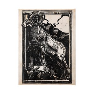 Linocut II (Goat) by Mercana Studio a Hand Embellished Textured Canvas