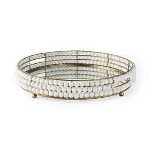 Decatur I 21L x 21W White Wooden Bead Mirrored Bottom Round Tray