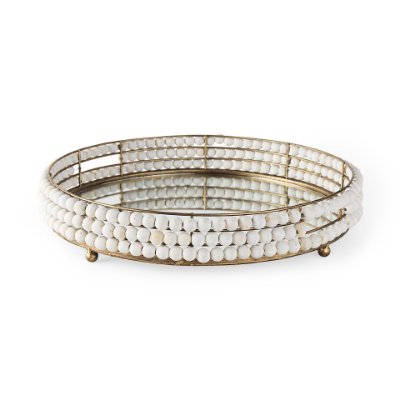68674 - Decatur I 21L x 21W White Wooden Bead Mirrored Bottom Round Tray