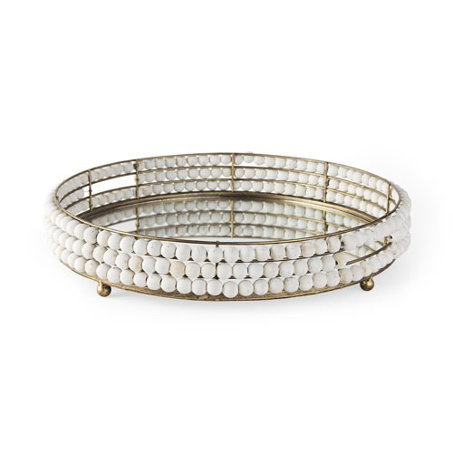 68674 - Decatur I 21L x 21W White Wooden Bead Mirrored Bottom Round Tray