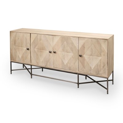 68515 - Hogarth III 72L x 15W x 34H Brown Solid Wood Frame Gold Metal Base 4 Cabinet Door Sideboard
