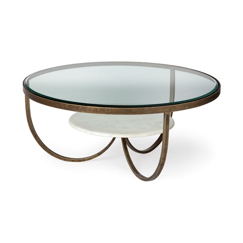 67804 - Reinhardt 36" Round Glass Top Marble Shelf Gold Metal Base Coffee Table