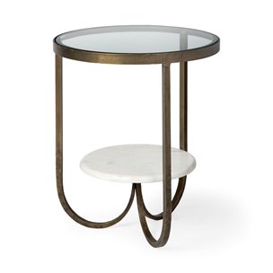 Reinhardt II 20" Round Glass Top Metal and Marble Detail End/Side Table