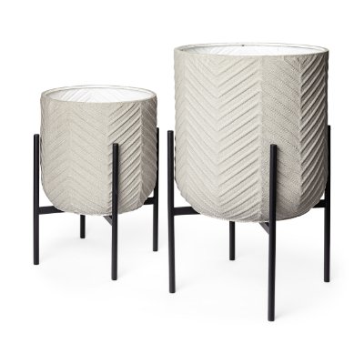 68815 - Mabel Set of Two 15.4 x 24.8 Eggshell Metal Top W/ Black Iron Base Plant Stands 