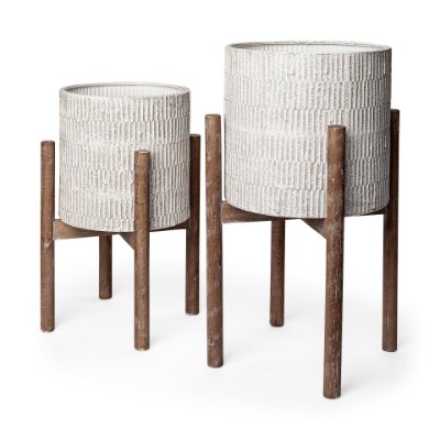 68817 - Groot Set of Two 11.8 x 23  Eggshell Ceramic Wooden Base Plant Stands