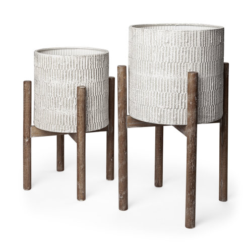68817 - Groot Set of Two 11.8 x 23  Eggshell Ceramic Wooden Base Plant Stands