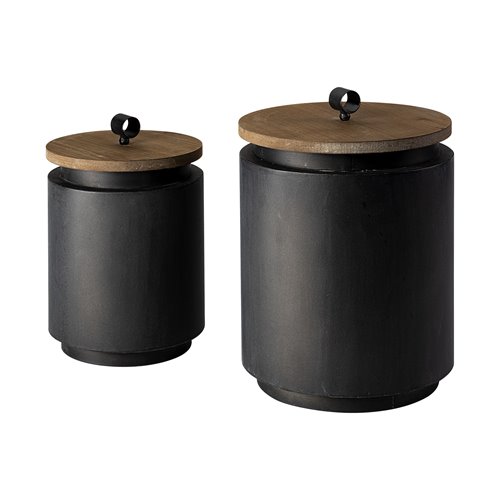 68982 - Cyril (Set of 2) Gray Metal W/ Brown Wood Lids Jars