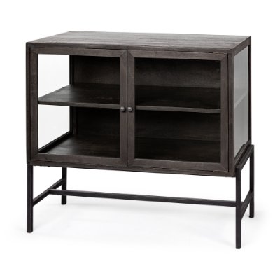 69010 - Arelius  36L x 18W Black-Brown Wood, Black Metal Base w/ 2 Glass Doors Accent Cabinet 