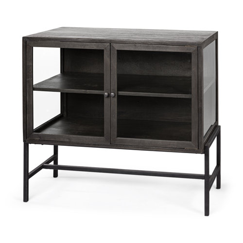 69010 - Arelius  36L x 18W Black-Brown Wood, Black Metal Base w/ 2 Glass Doors Accent Cabinet 