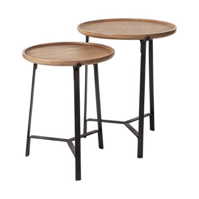 69014 - Helios III 20L x 24H Set of Two Round Brown Solid Wood Iron Base Nesting End/Side Tables