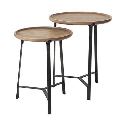 69014 - Helios III 20L x 24H Set of Two Round Brown Solid Wood Iron Base Nesting End/Side Tables