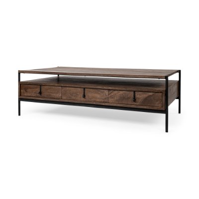69016 - Glenn II 54x30 Dark Brown Wood w/ Black Iron Frame, Rectangle 3 Drawers Coffee Table