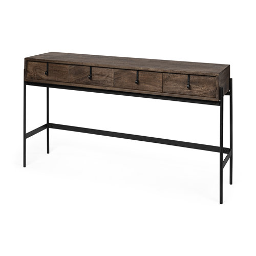 69017 - Glenn III 56L x 14W Dark Brown Wood w/ Black Iron Frame, 4 Drawer Console Table