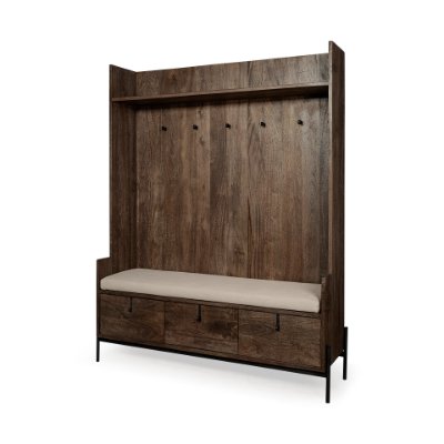 69019 - Glenn V 56L x 17W Dark Brown Wood w/ Cream Fabric Seat, 3 Drawers Hall Tree