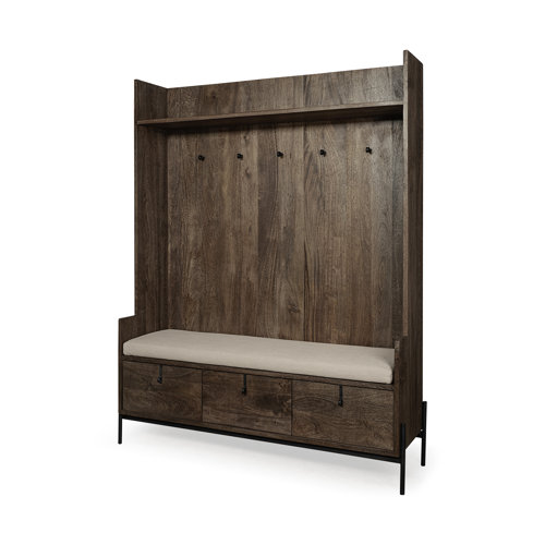 69019 - Glenn V 56L x 17W Dark Brown Wood w/ Cream Fabric Seat, 3 Drawers Hall Tree