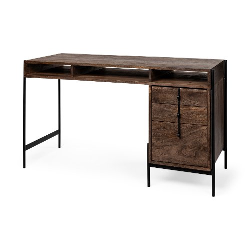 69021 - Glenn VII 56L x 22W Dark Brown Wood w/ Black Iron Frame, 3 Drawer Office Desk