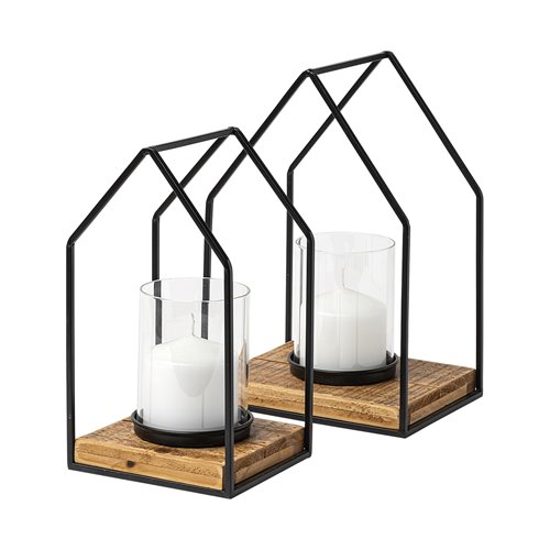 68789 - Leopold Set of Two Black Metal Wooden Base Table Candle Holders
