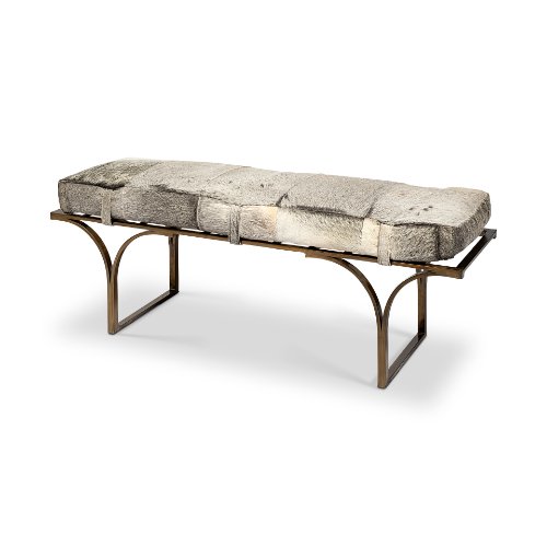 69060 - Jessie 55L x 16W White/Gray Hair-On-Hide Seat W/Gold Metal Base Accent Bench