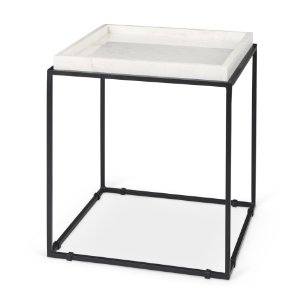 Nathan II 18" x 20" Square Top White Marble and Black Metal End/Side Table 