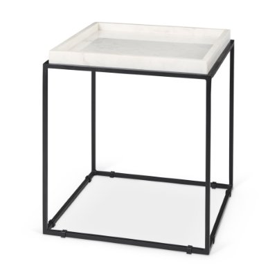 68843-AB - Nathan II 18" x 20" Square Top White Marble and Black Metal End/Side Table 