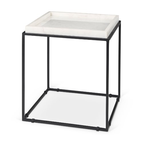 68843-AB - Nathan II 18" x 20" Square Top White Marble and Black Metal End/Side Table 