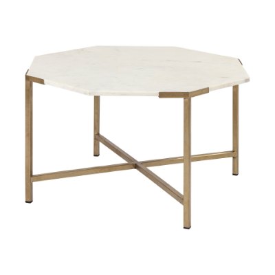 68850-AB - Vincent 33" Octagonal White Marble Tabletop w/ Gold Metal Base Coffee Table