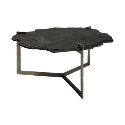 69049-AB - Shale 37" Irregular Live-Edge Black Slate w/Flat Iron Base Coffee Table 
