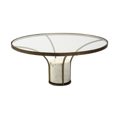69052-AB - Jacinta 36" Round Glass Top Metal and Marble Pedestal Coffee Table
