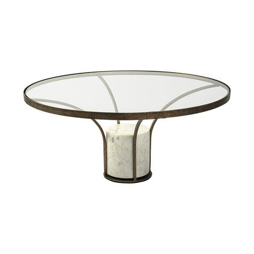 69052-AB - Jacinta 36" Round Glass Top Metal and Marble Pedestal Coffee Table