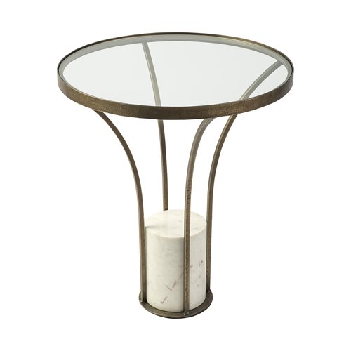 69053-AB - Jacinta II 21" Round Glass Top Metal and Marble Pedestal End/Side Table 