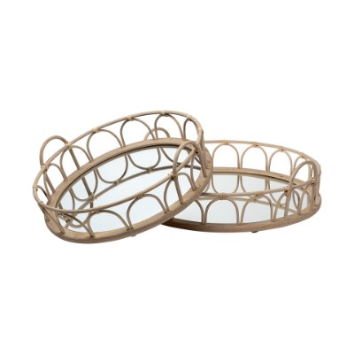 68994 - Leona (Set of 2) Natural Wicker Woven Mirrored Base Nesting Trays