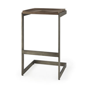 Kiran Backless 30in Seat Bar Stool | Brown Wood w/ Antique Nickel
