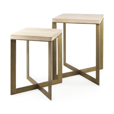 69179 - Faye (Set of 2) 19L x 19W x 26H Beige Finished Wood W/ Gold Metal Base Accent Tables