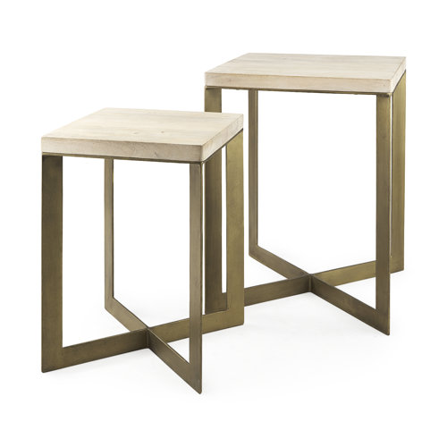 69179 - Faye (Set of 2) 19L x 19W x 26H Beige Finished Wood W/ Gold Metal Base Accent Tables