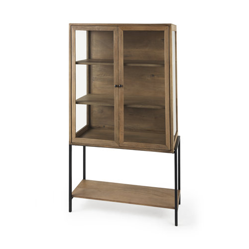69209 - Arelius 36L x 18.75W x 63H Light Brown Wood W/ Black Metal Base Display Cabinet