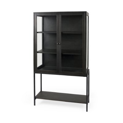 69210 - Arelius 36L x 18.75W x 63H Black-Brown Wood W/ Black Metal Base Display Cabinet