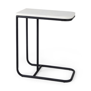 Kyra 12.0L x 20.0W x 23.0H White Marble Top W/Black Iron Frame C-Shaped End and Side Table