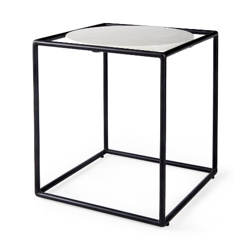 69214 - Austen 20L x 20W x 22H Round White Marble Top W/ Black Metal Frame Side Table