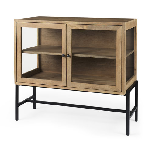 69226 - Arelius 36L x 18W x 32H Light Brown Wood, Black Metal Base w/ 2 Glass Doors Accent Cabinet