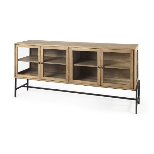 69227 - Arelius 70L x 18.75W x 32H Light Brown Wood, Black Metal Base w/ 4 Glass Cabinet Doors Sideboard