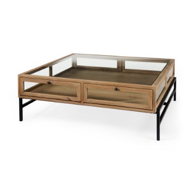 69228 - Arelius 42" Square Glass-Top Light Brown w/ Black Metal Base Display Coffee Table