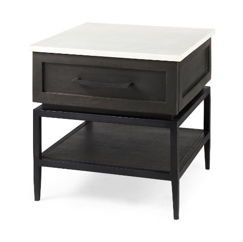 69237 - Divina Black-Brown Wood w/ White Marble Top and Black Metal Base 1 Drawer Side Table