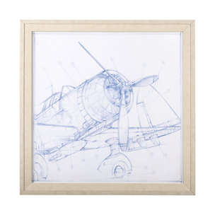 Airplane Mechanical Sketch I  by Ethan Harper a Hand Embellished Textured Framed Art Print