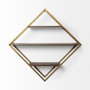 68006 - Neil I Diamond Shape Wall Mounted Brass Frame w Three Wood Wall Shelves
