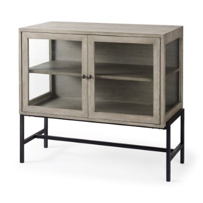 69291 - Arelius 36L x 18W x 32H Gray Wood, Black Metal Base w/ 2 Glass Doors Accent Cabinet