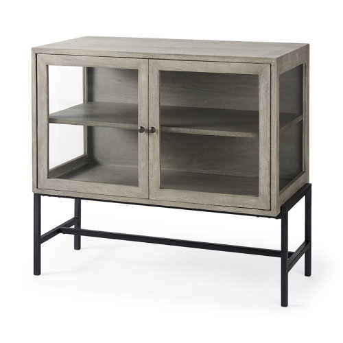 69291 - Arelius 36L x 18W x 32H Gray Wood, Black Metal Base w/ 2 Glass Doors Accent Cabinet