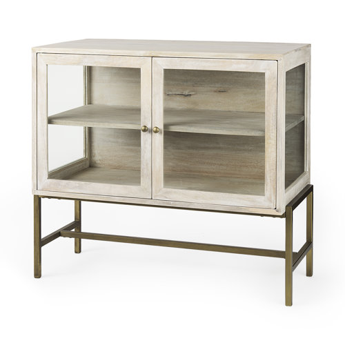 69292 - Arelius 36L x 18W x 32H White Wood, Gold Metal Base w/ 2 Glass Doors Accent Cabinet
