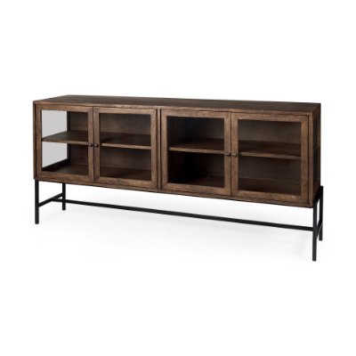 69293 - Arelius 70L x 18.75W x 32H Medium Brown, Black Metal Base w/ 4 Glass Door Cabinets Sideboard
