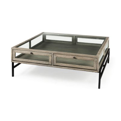 69297 - Arelius 42" Square Glass-Top Gray Wood w/ Black Metal Base Display Coffee Table