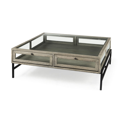 69297 - Arelius 42" Square Glass-Top Gray Wood w/ Black Metal Base Display Coffee Table